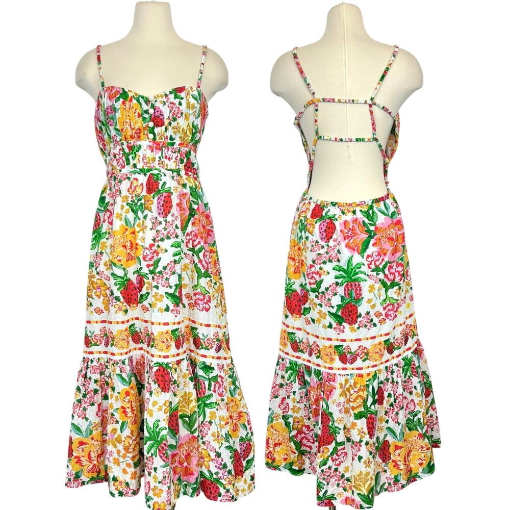 Farm Rio Floral Sketch Midi Dress Open Back Cotton White XL NWT